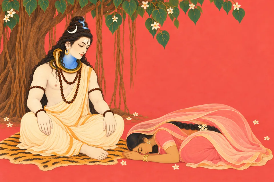 Uma bows with her head on the ground beside seated Shiva's feet, hands joined low in prayer.
