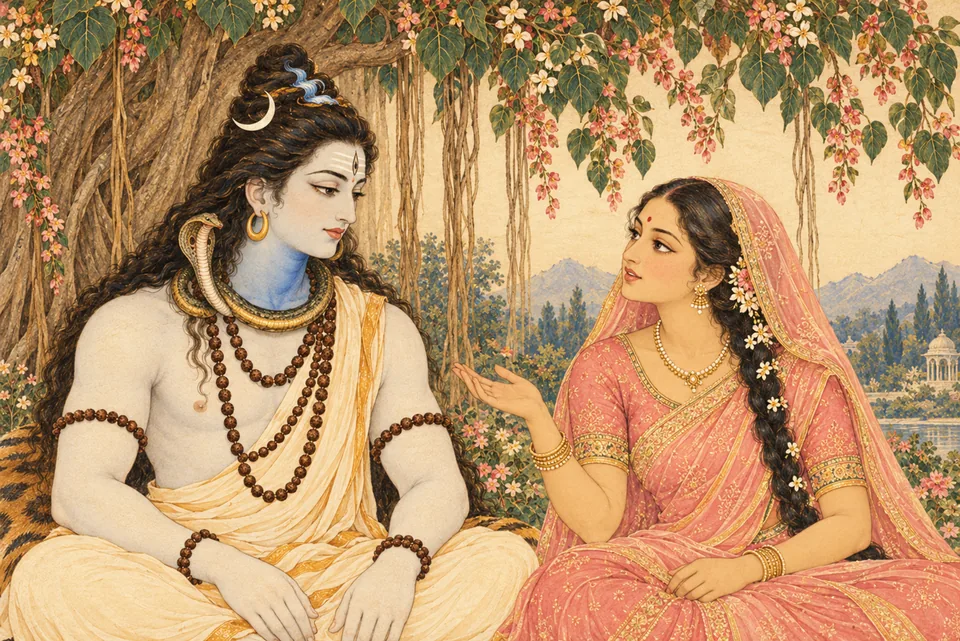 Uma respectfully asks attentive Shiva a further question about Rama's wondrous deeds, beneath flowering banyan boughs.