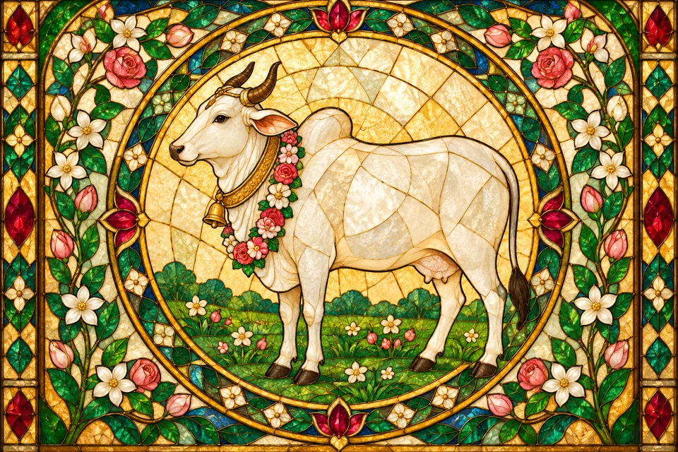 A symbolic white cow in a floral stained-glass medallion represents the verse's comparison of Rama's story to a divine cow; no actual narrative animal event.