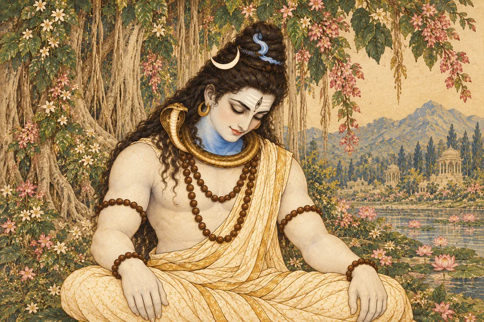 Shiva lowers his head in reverence after declaring Rama his master, seated quietly beneath banyan boughs.