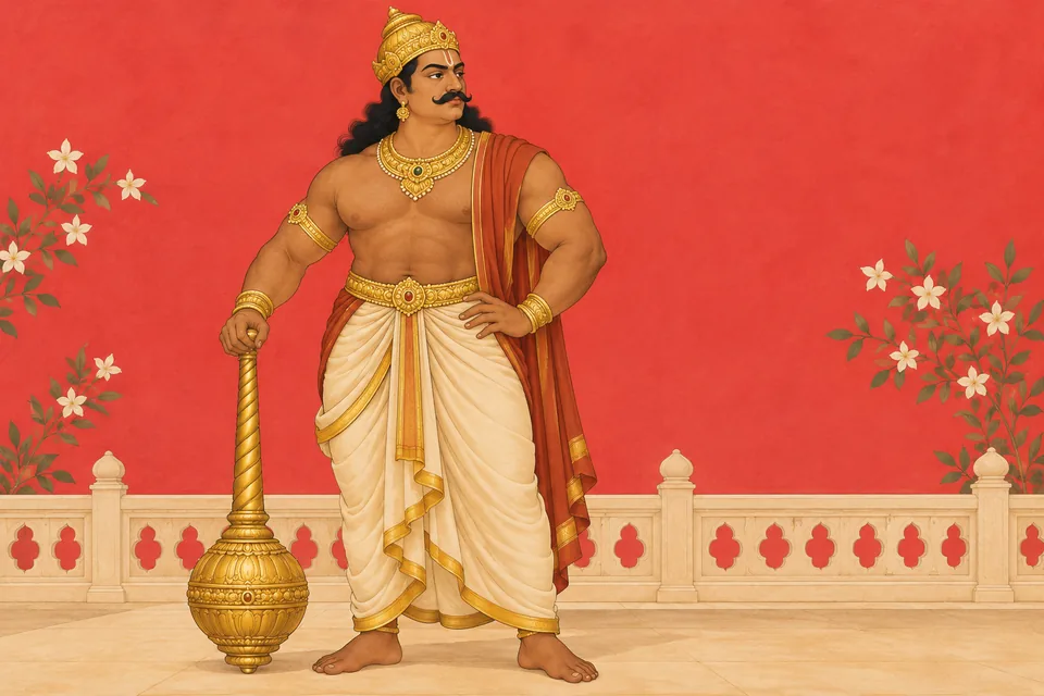 Imagined Kumbhakarna as a powerful standing warrior, selected from the passage naming him with Ravana; mace and appearance are artistic conventions.