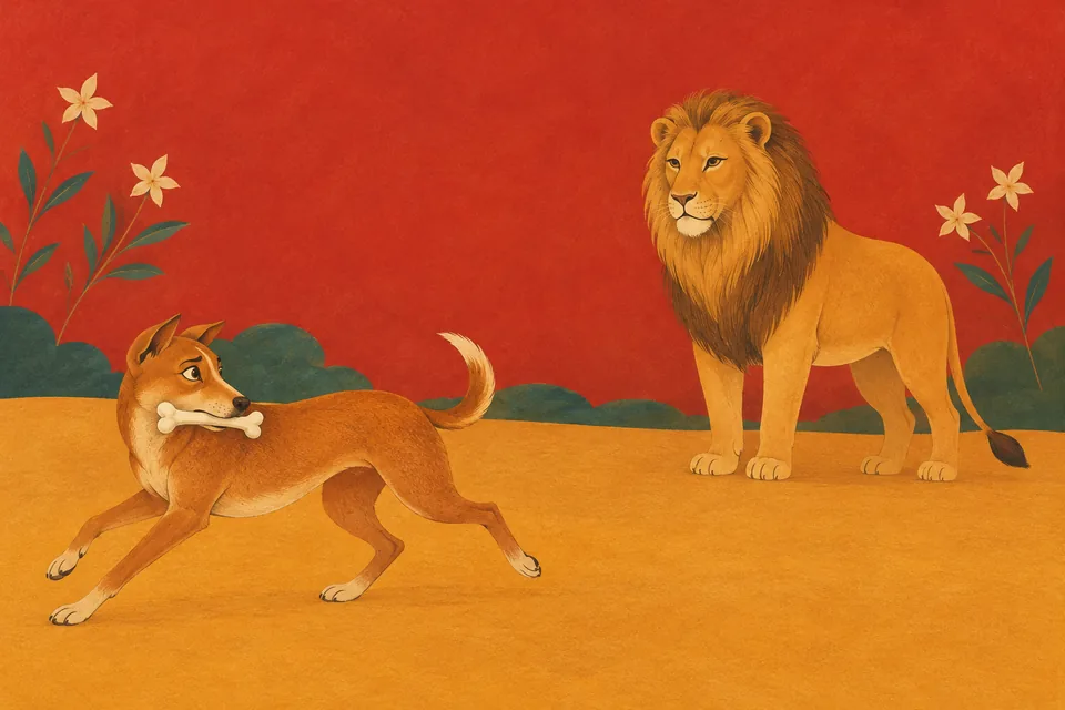 A symbolic simile: a dog runs with a dry bone, looking back at a calm lion, evoking Indra's fear for his realm.