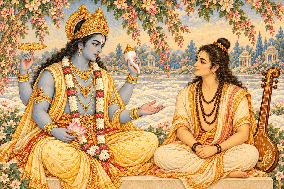 With a sober expression, the Lord speaks gently to Narada about delusion, desire, arrogance and pride.