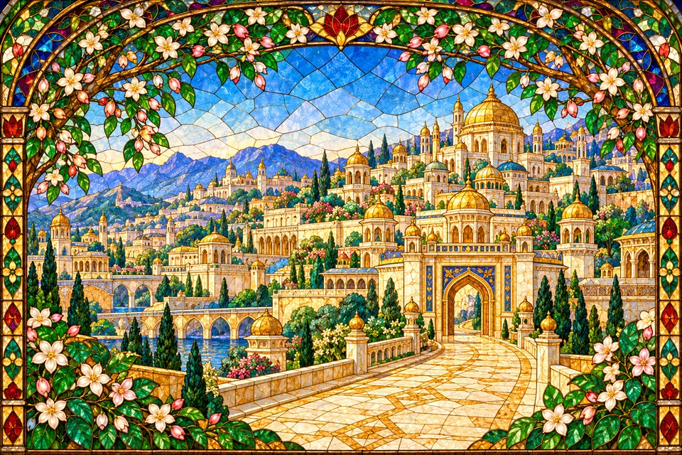An imagined view of the splendid city created by Hari's maya on Narada's route.