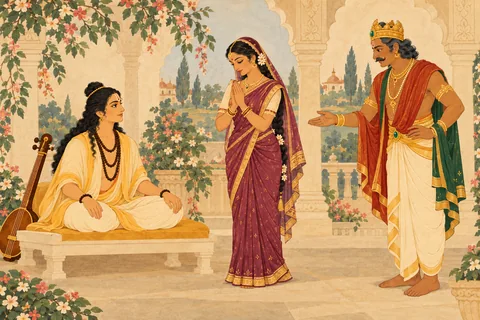 King Shilanidhi presents Princess Vishvamohini to Narada and asks him to consider her qualities and faults.