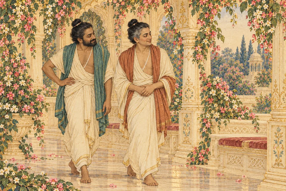Two Rudra attendants in brahmin disguise wander and watch the assembly with amusement.