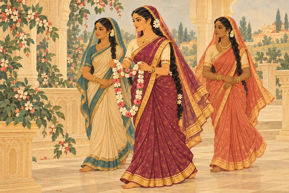 Princess Vishvamohini walks with companions, surveying the kings while holding the victory garland.