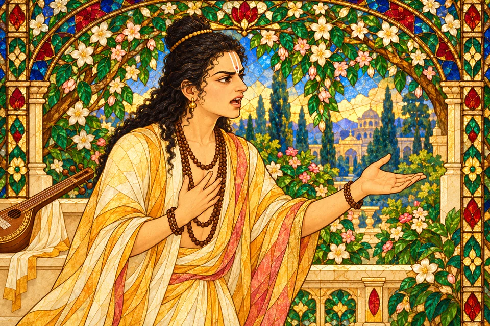 Narada angrily accuses Hari about the ocean-churning shares; the scene represents his speech.