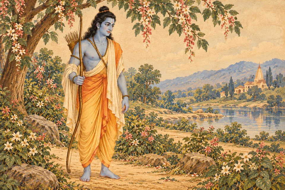 Iconic Rama portrait representing Hari's human incarnation for the cause just narrated.