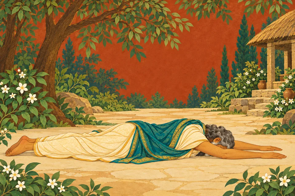 Manu makes a full dandavat prostration after hearing the Lord's heavenly words.