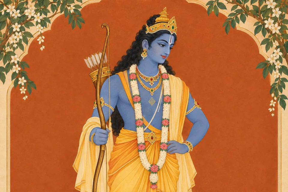 The manifested Lord's blue body-beauty is praised, with royal bow-bearing attire from the adjoining portrait.