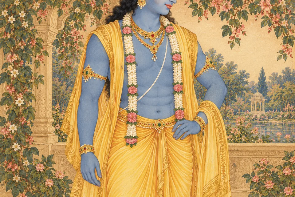 The Lord's yellow cloth, three belly folds and lovely navel in a dignified detail portrait.