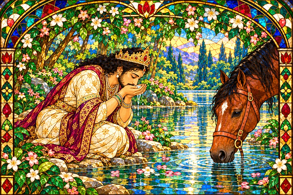 Pratapbhanu and his horse drink joyfully at the lake shown by the disguised ascetic.