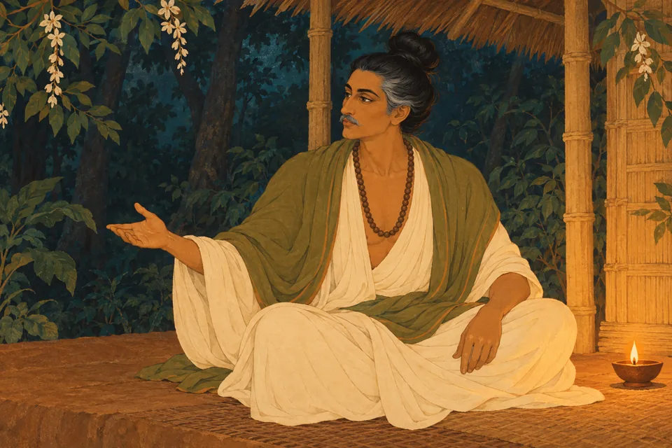 The disguised ascetic invites Pratapbhanu to stay through the dark night and leave at dawn.