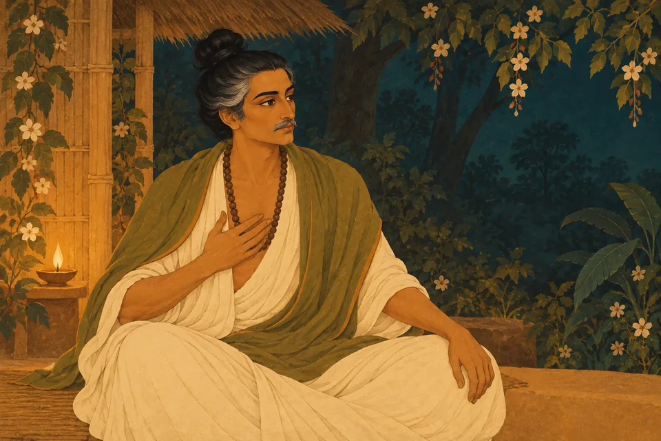 The disguised former king speaks gently but deceitfully, claiming the name Bhikhari and saying he is poor and homeless.