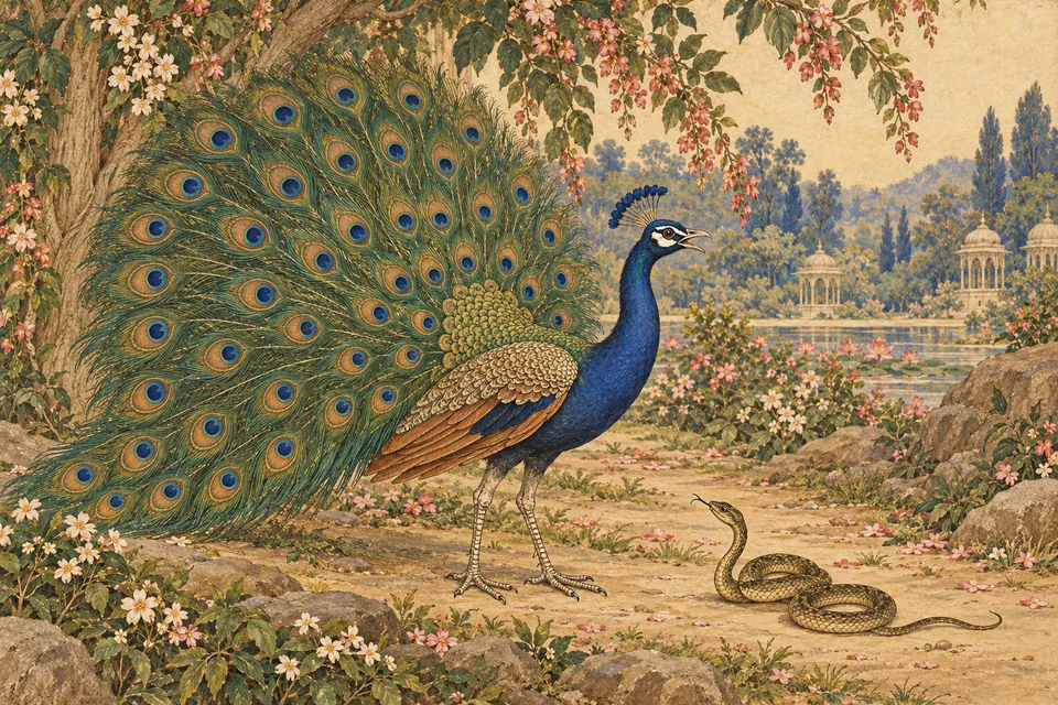 A beautiful peacock beside a snake represents Tulsi's warning that an attractive appearance and sweet voice can mislead.