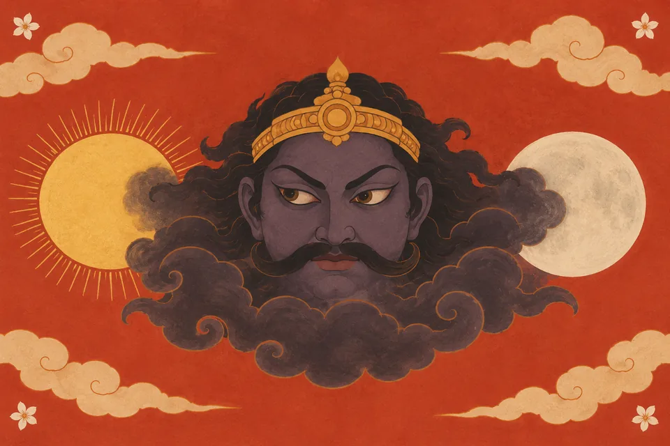 A symbolic head of Rahu between the sun and moon illustrates the narrator’s warning against dismissing a powerful enemy even when alone.