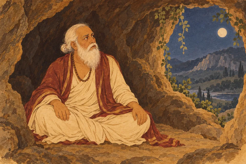 The abducted royal priest sits bewildered inside a mountain cave.