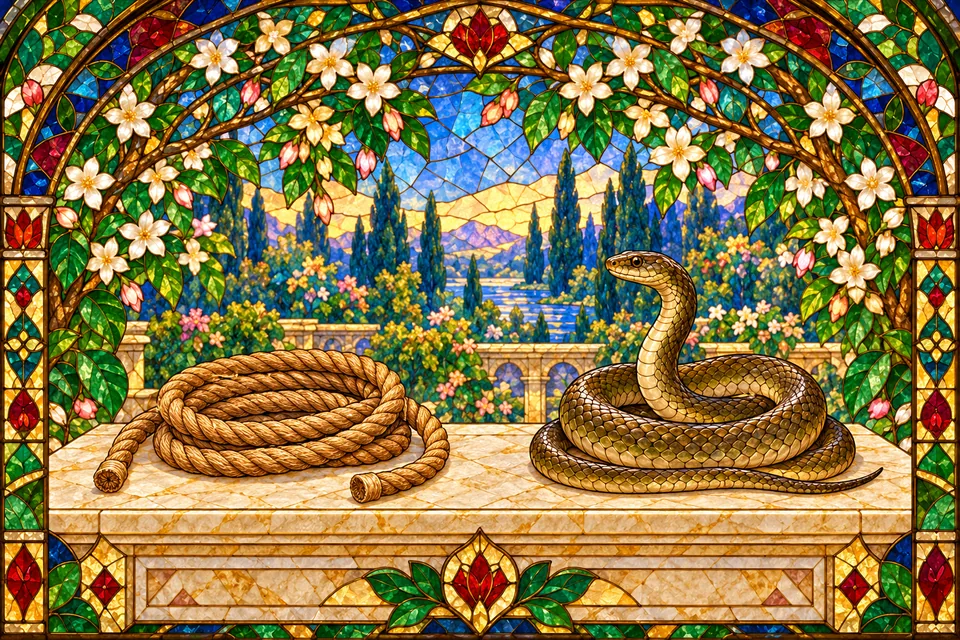 A coiled rope and a separate snake illustrate the comparison in the warning about adverse fate.