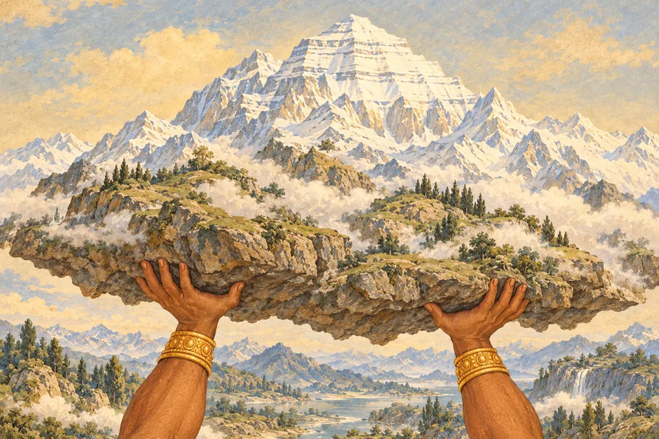 A cropped detail of Ravana lifting Kailasa for sport shows two of his twenty hands supporting the mountain.