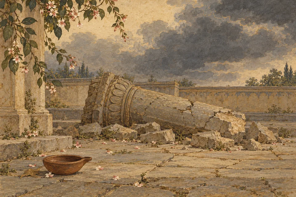 A symbolic damaged courtyard evokes the Rakshasas’ wrongdoing beyond description.