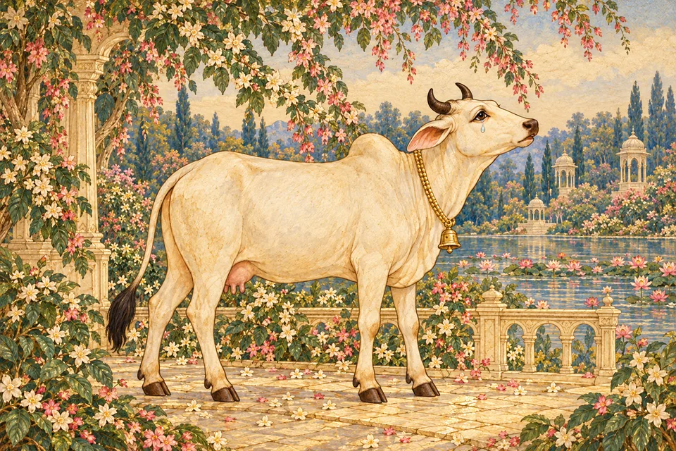 Earth, in her cow form, listens as Brahma tells her to remember Hari’s feet and hold courage.