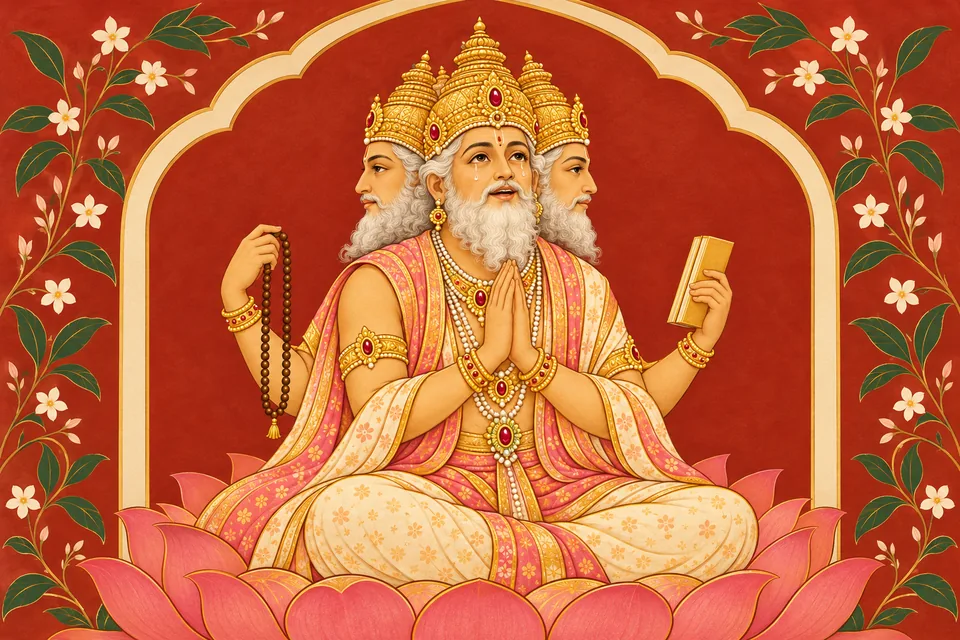 Brahma joyfully sheds tears and joins his hands to begin praise with an attentive, steady mind.