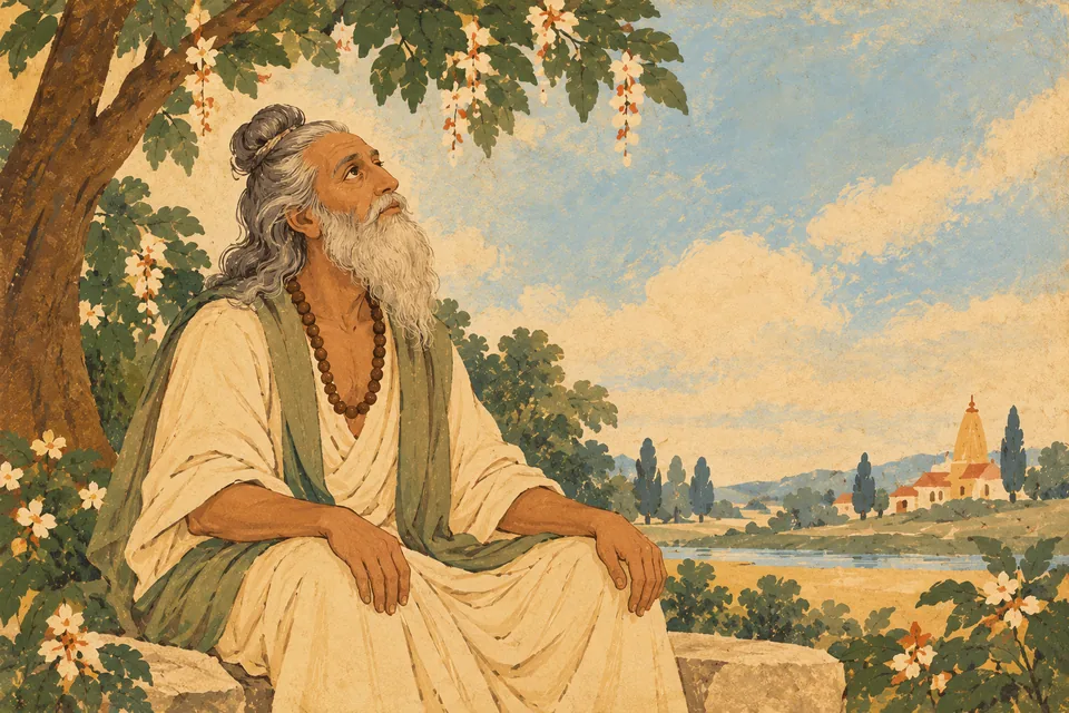An unnamed sage listens to the resonant heavenly voice that removes grief and doubt.