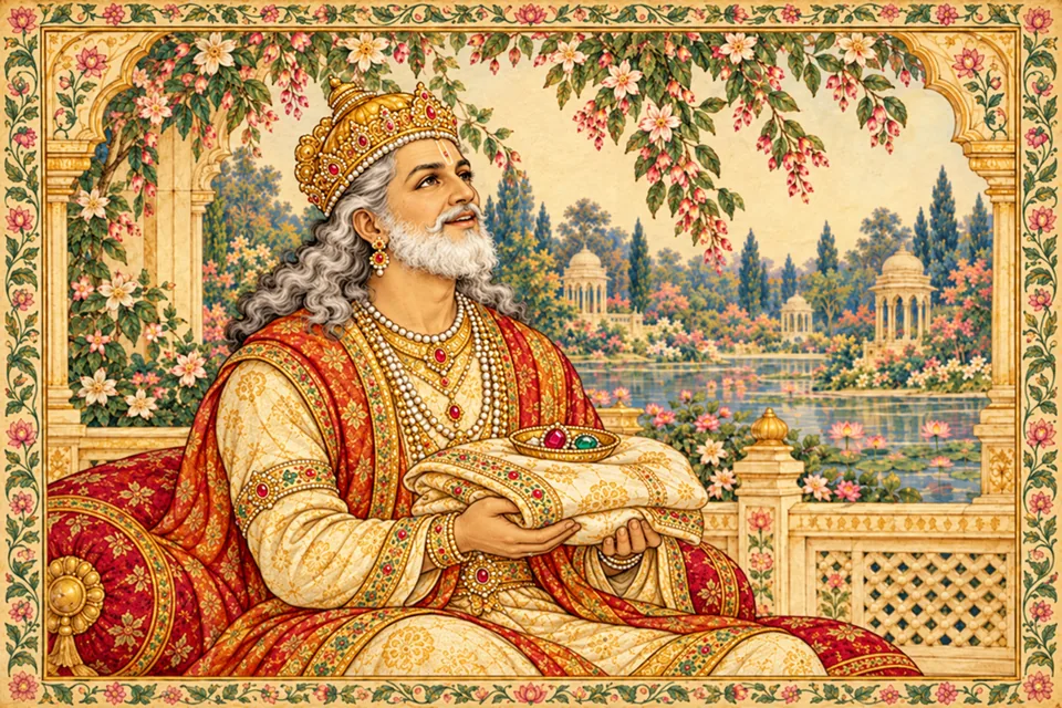 Dasharatha holds cloth, gold and jewels as gifts for brahmins after the birth rites.