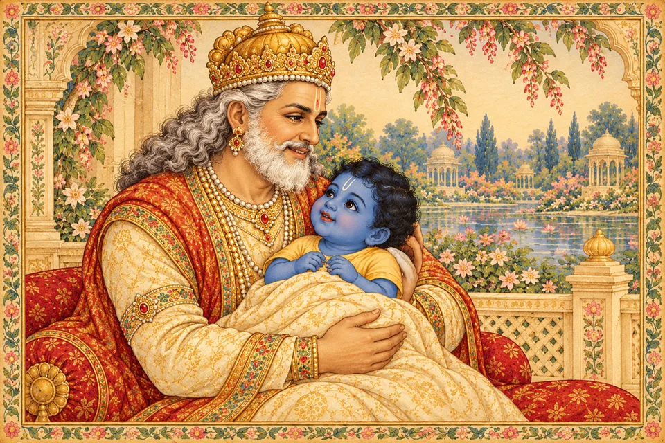 Dasharatha lovingly holds infant Rama, a selected view of the divine child play inspired by the parents love.