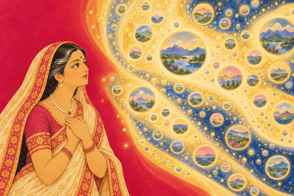 Kaushalya beholds a symbolic vision of the Lord’s undivided form, with countless universes suggested within fields of light.