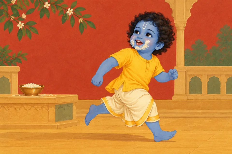 Toddler Rama runs off laughing during a meal, with curd and cooked rice smeared on his face.
