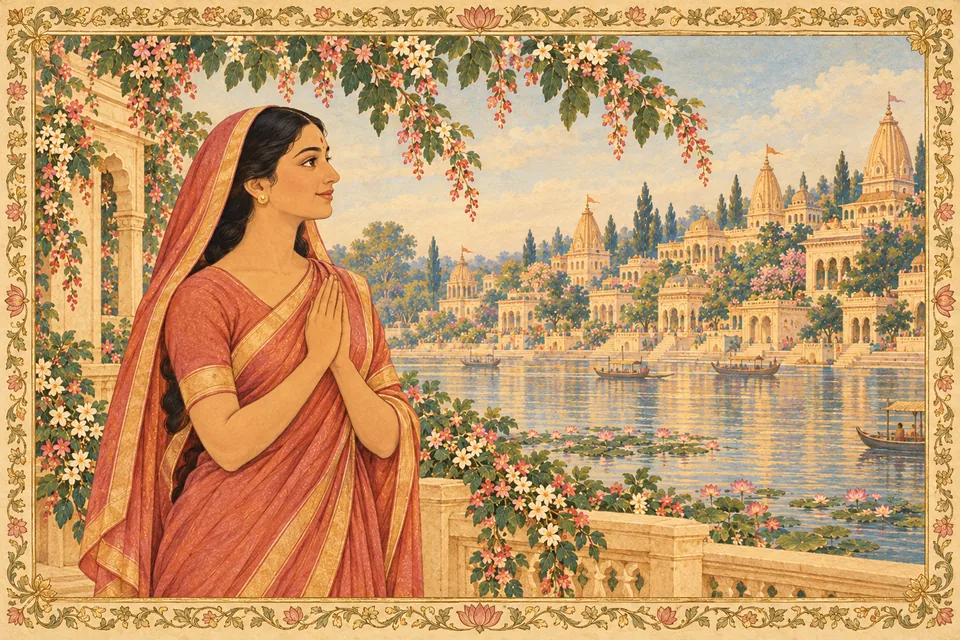 An ordinary woman of Kosala looks toward Rama with affection, representing the inhabitants who hold him dearer than life.