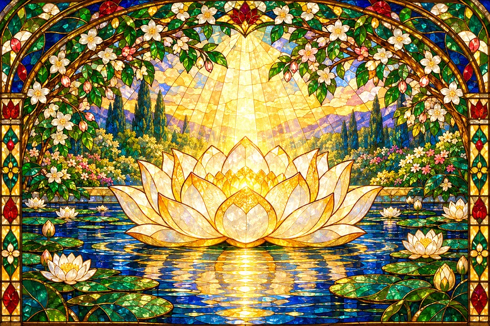 A luminous lotus and spreading light offer an artistic metaphor for the Lord’s grace toward devotees.