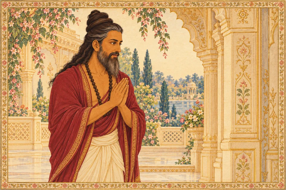 After bathing in the Sarayu, Vishvamitra arrives at the king’s court with hopes of seeing the Lord.
