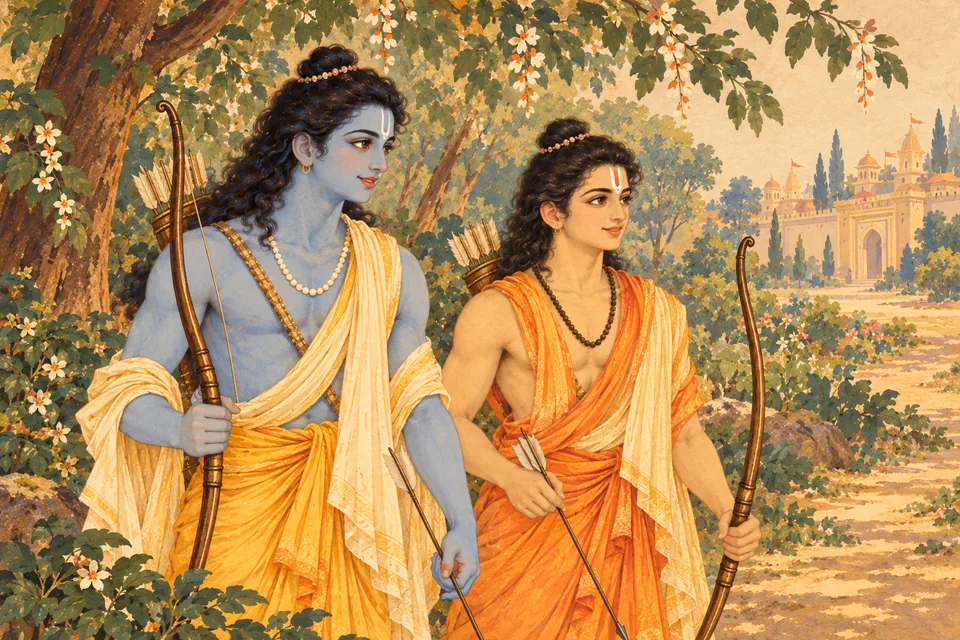Rama and Lakshmana depart joyfully with the sage, after receiving the king’s blessings and bowing at their mothers’ feet.