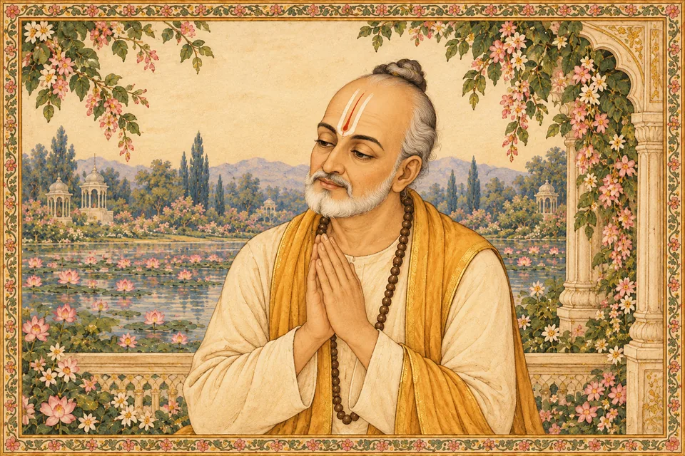 An imagined portrait of Tulsidas in humble devotion evokes his command to himself to worship Hari and abandon deceit.
