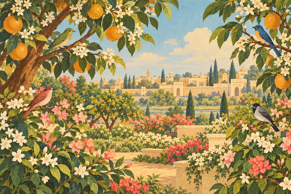 Flower gardens, fruit-bearing groves and forests with fresh leaves and many birds surround Videha.
