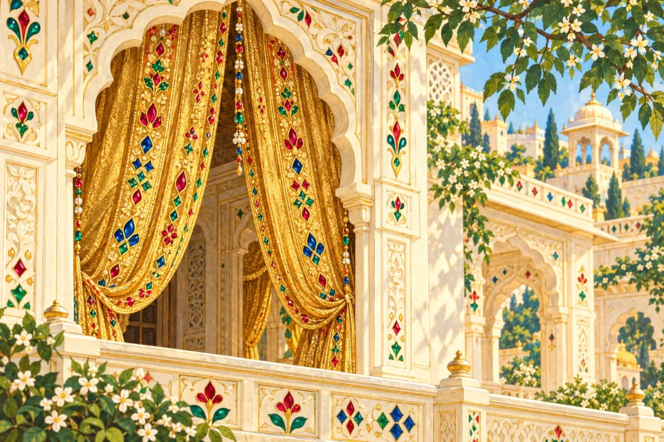 Jewel-set golden zari curtains adorn the white palaces of Sita’s beautiful residence.