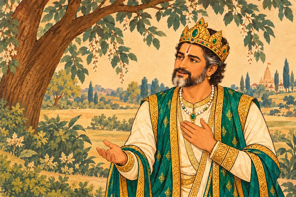 Janaka regains composure and speaks to Vishvamitra in a deep voice choked with love, after bowing at his feet.