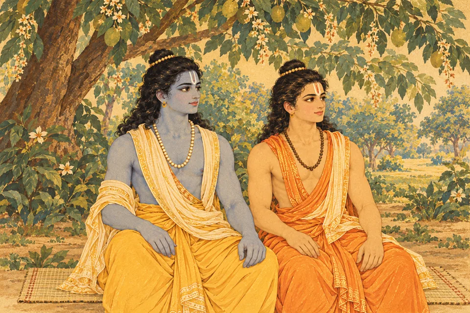 After food and rest with the sages, Rama sits with Lakshmana while one watch of daylight remains.