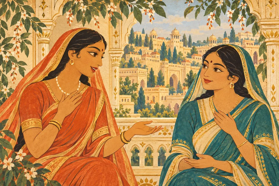 Women of Mithila rejoice on hearing that the brothers fulfilled the Brahmin’s task, liberated the sage’s wife on the way, and came to see the bow ceremony.