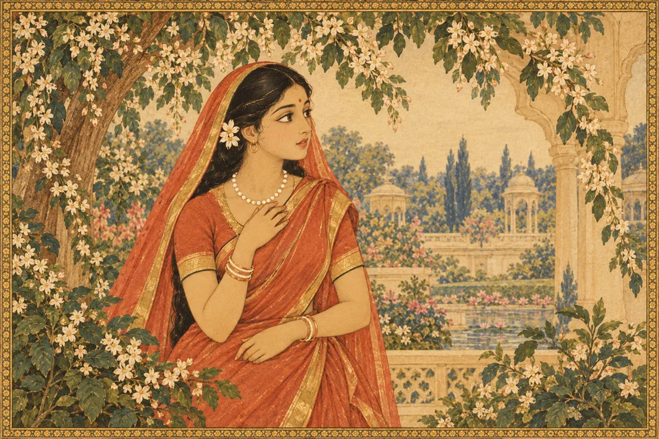 Remembering Narada’s words, Sita feels pure love arise and looks about with shy, startled wonder.