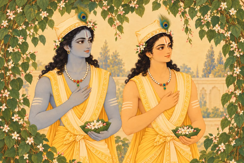 Rama and Lakshmana become visible from the vine bower, compared to two clear moons emerging from a veil of clouds.