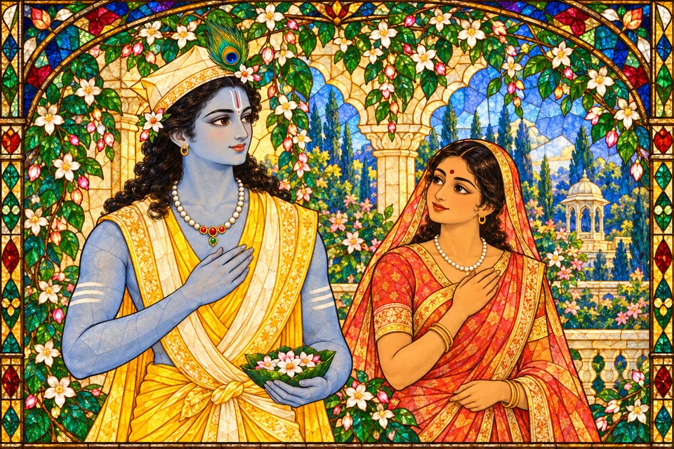 Rama in yellow garments, with a graceful waist, absorbs the companions’ attention through his beauty and virtue.