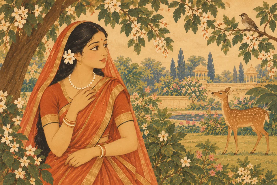 Under the pretext of looking at deer, birds and trees, Sita turns back to gaze at Rama, her love growing greatly.
