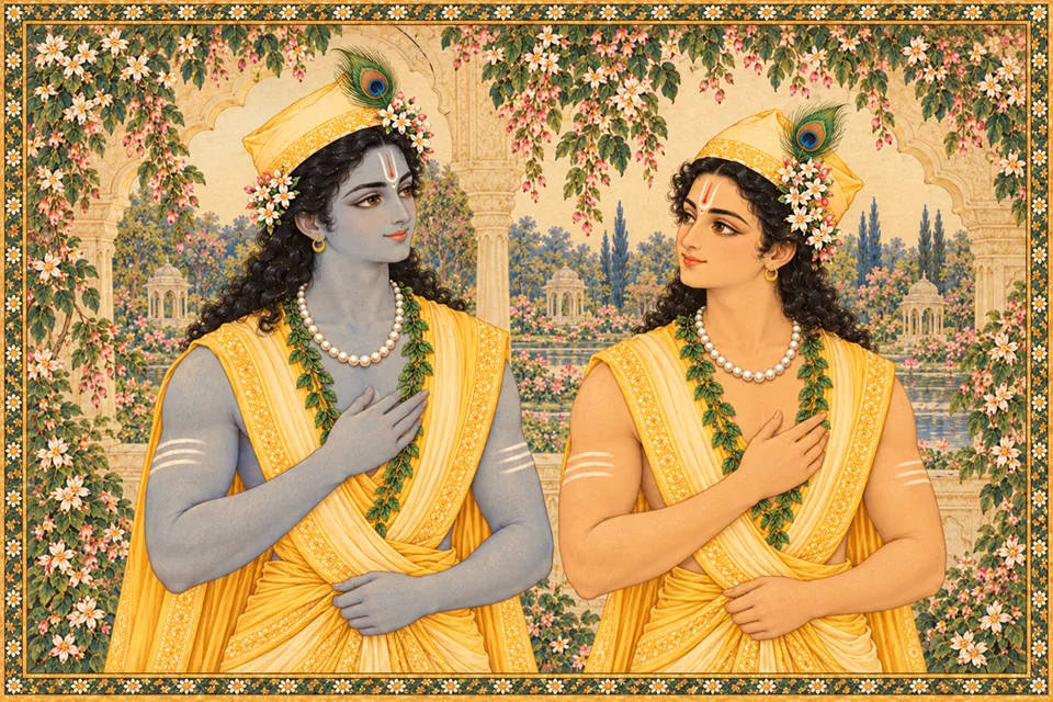 The princes wear pearl necklaces and tulsi garlands, with strong shoulders, a lionlike bearing and powerful arms.