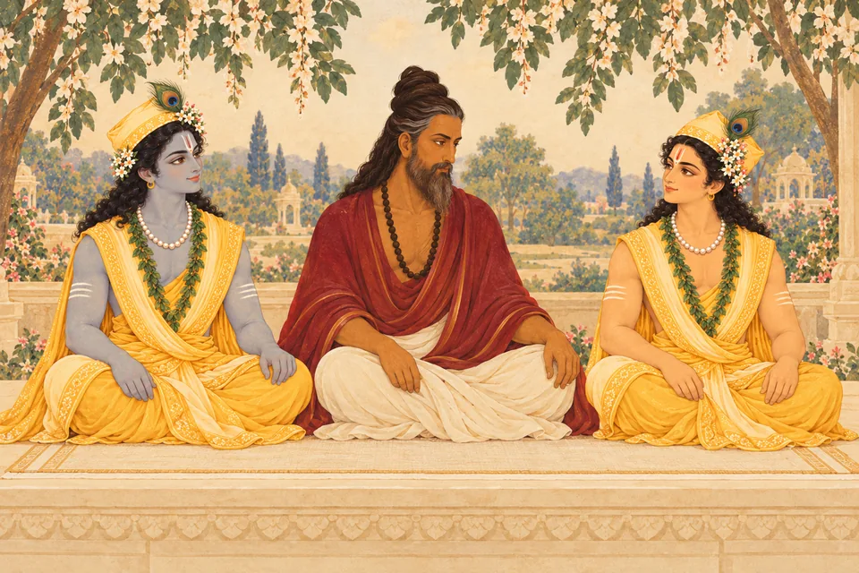 Janaka seats Rama, Lakshmana and Vishvamitra on a beautiful, bright and spacious platform.