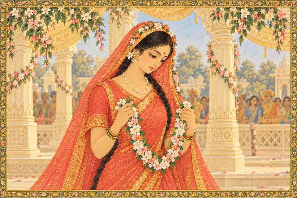 After looking at Rama, Sita lowers her restless eyes toward the earth.