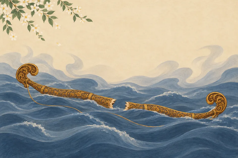 Allegory: Shiva’s broken bow is the ship in the ocean of Rama’s arm-strength, where the listed doubts, fears, and pride sink.